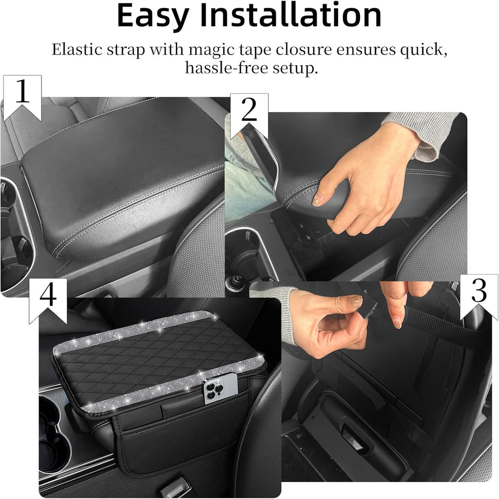 NBTEPEM Bling Car Center Console Cover, Leather Car Arm Rest Cover Cushion with 2 Storage Bags, Universal Auto Armrest Protector Storage Box, Bling Accessories Interior for Most Vehicles (Silver)