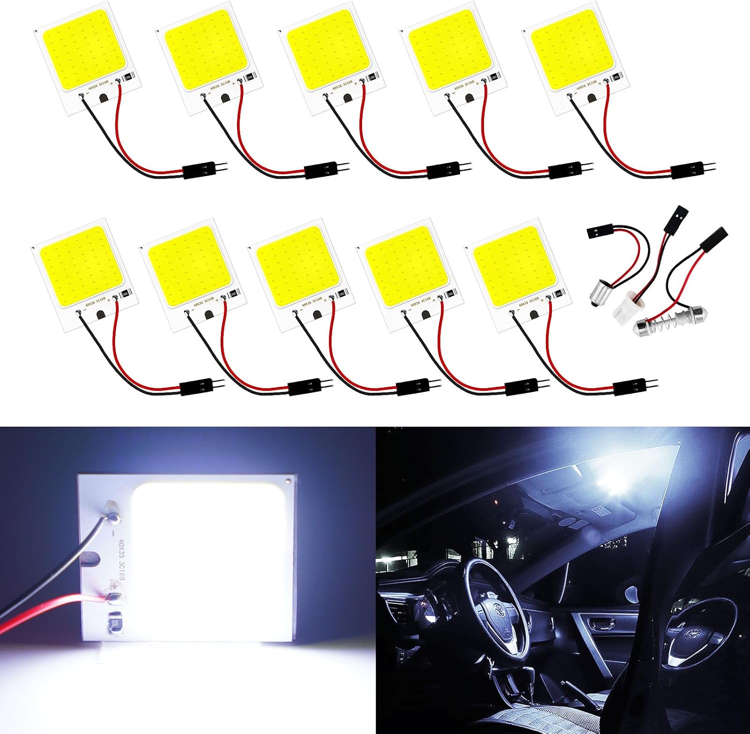 Qasim LED Dome Light 12V COB 48-SMD Auto Car Interior LED Panel Light, Reading Plate Light, Roof Ceiling, Map Lamp with BA9S T10 Festoon Adapters(Pack of 10)