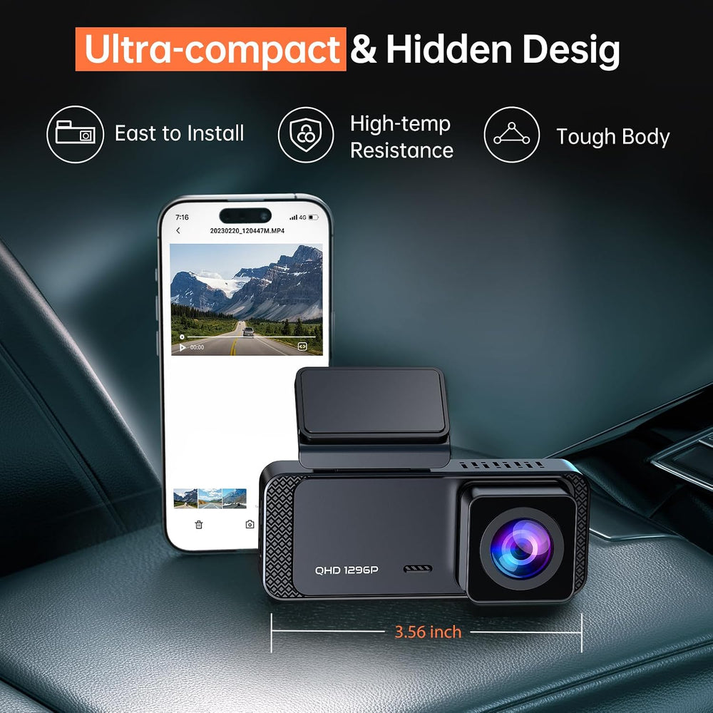 Veement 1296P Dash Cam Front, WiFi Dash Camera for Cars with App