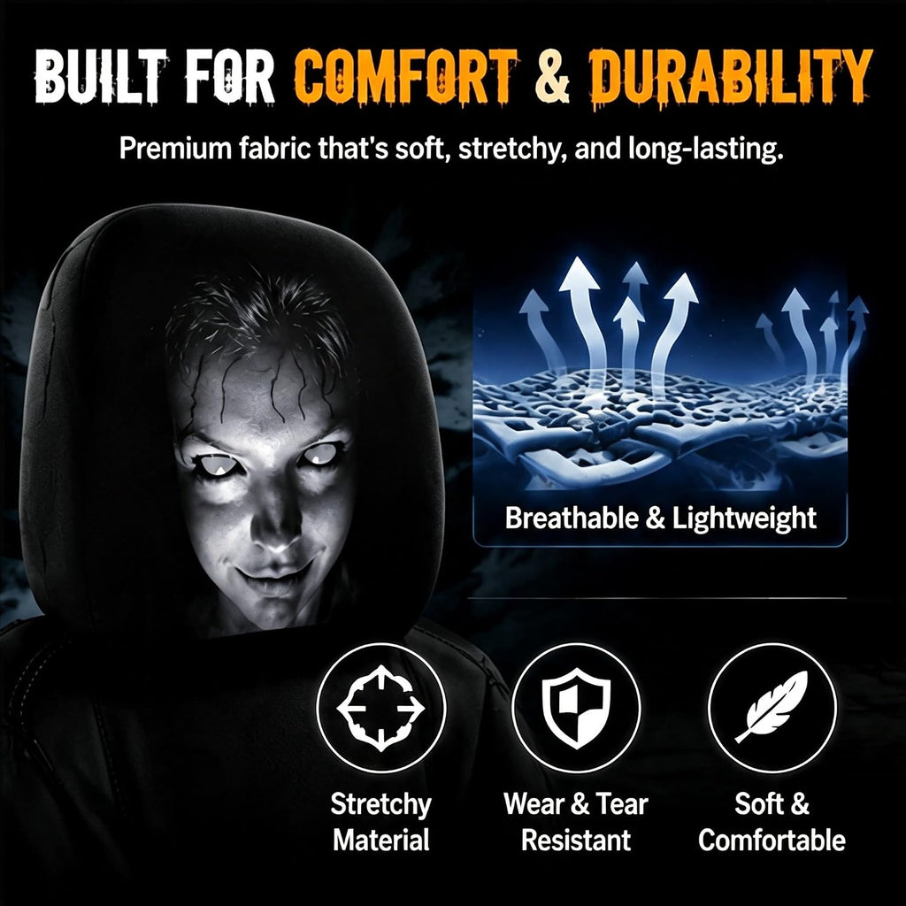 4 Pcs Ghost face Headrest Covers for Cars, Universal Spooky Halloween Auto Interior Decor, Funny Cartoon Creepy Car Head Rest Protector Case for Vehicle Truck SUV (Set A)