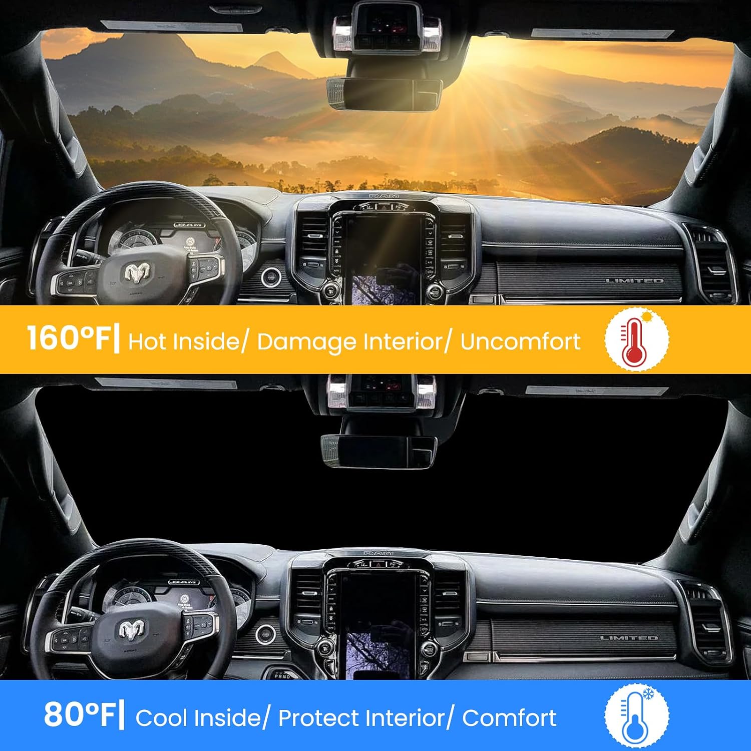 Foldable Sun Shade WODSTA Full Coverage Windshield Sunshade Compatible with Ram 1500 2019-2025 All Model 4-Layer Thickened Windows Visor 240T Polyester Windshield Sun Shade