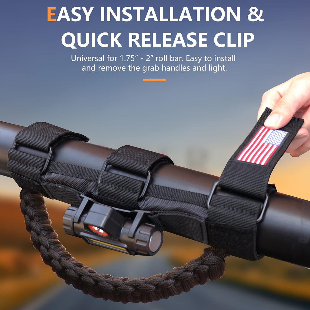 UTV ATV Grab Handles with Dome Light 1.75”-2” Roll Bar Paracord Hand Hold Straps Grab Handles Grips with Light Bar for Polaris RZR Ranger Kawasaki Can Am X3 Pioneer Talon, 2 Pack Black
