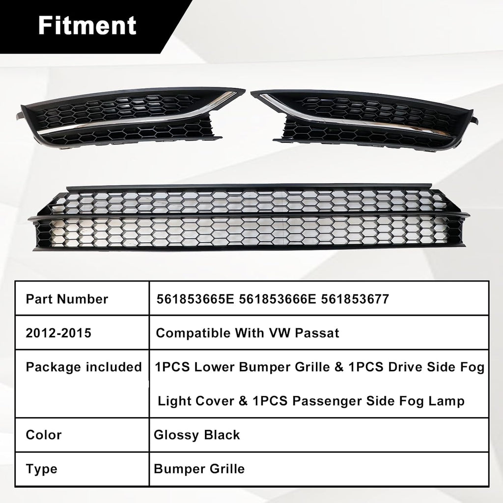 Front Bumper Lower Grille and Fog Lamp Bezel Cover, Fit for Volkswagen Passat 2012 2013 2014 2015, Replace# 561853665E 561853666E, 561853677 561853666