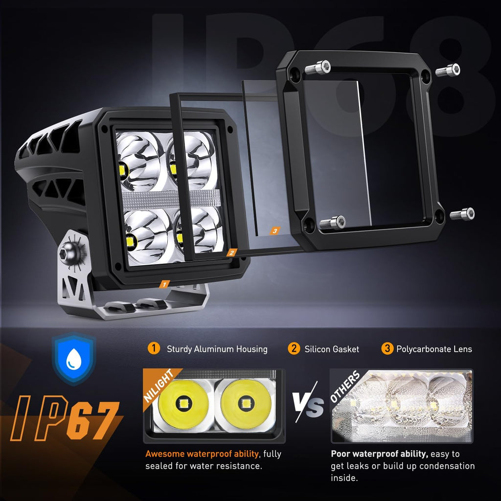 Nilight LED Pod Lights with Amber DRL 3.2 Inch Square 20W 2510LM Super Spot Beam w/ 16AWG Wiring Harness Kit Auxiliary Offroad Driving Ditch Light for Truck UTV ATV SUV 4x4