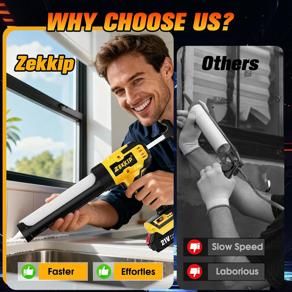 electric caulking gun, cordless caulking gun with 2x on a desk or shelf