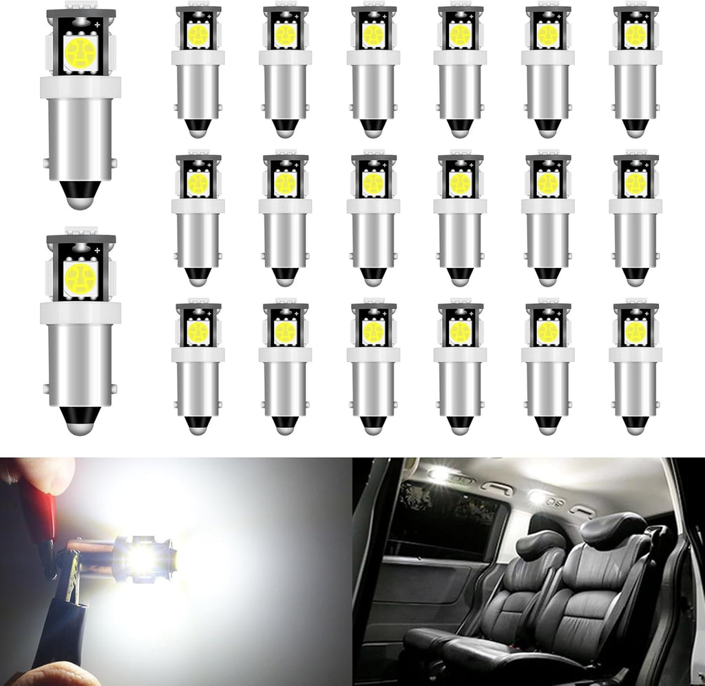 Qoope 20-Pack BA9S LED Bulb White, 53 57 T11 T4W 64111 LED Bulb 12V 5SMD 5050 for Car Interior Dome Map License Plate Courtesy Step Glove Box Light