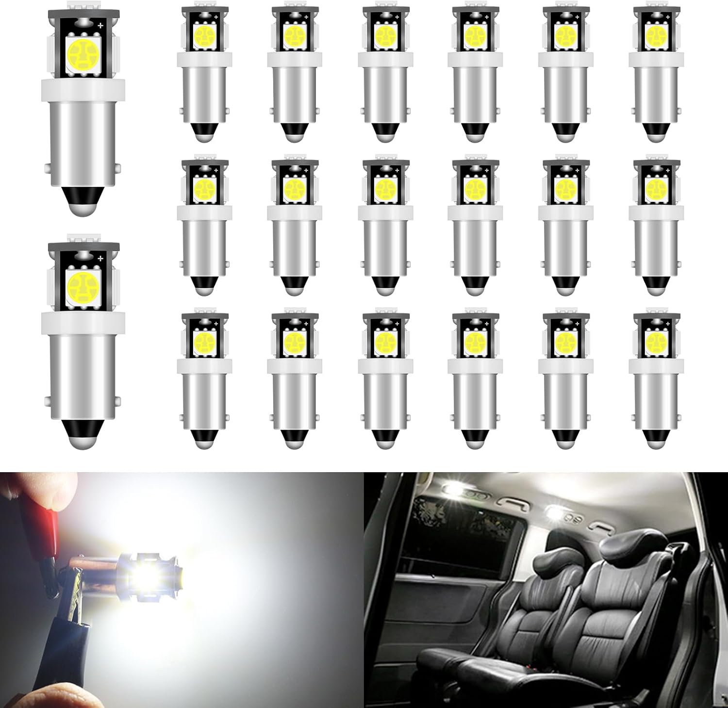 Qoope 20-Pack BA9S LED Bulb White, 53 57 T11 T4W 64111 LED Bulb 12V 5SMD 5050 for Car Interior Dome Map License Plate Courtesy Step Glove Box Light
