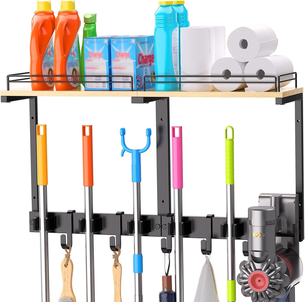 hoomesun broom holder wall mount with shelf &, main product view