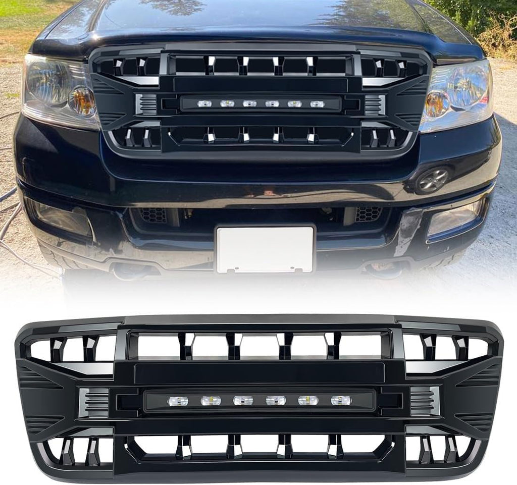 MEGAIE Front Grill Replacement for F150 2004-2008, Glossy Black Bumper Grille w/Off-Road Lights
