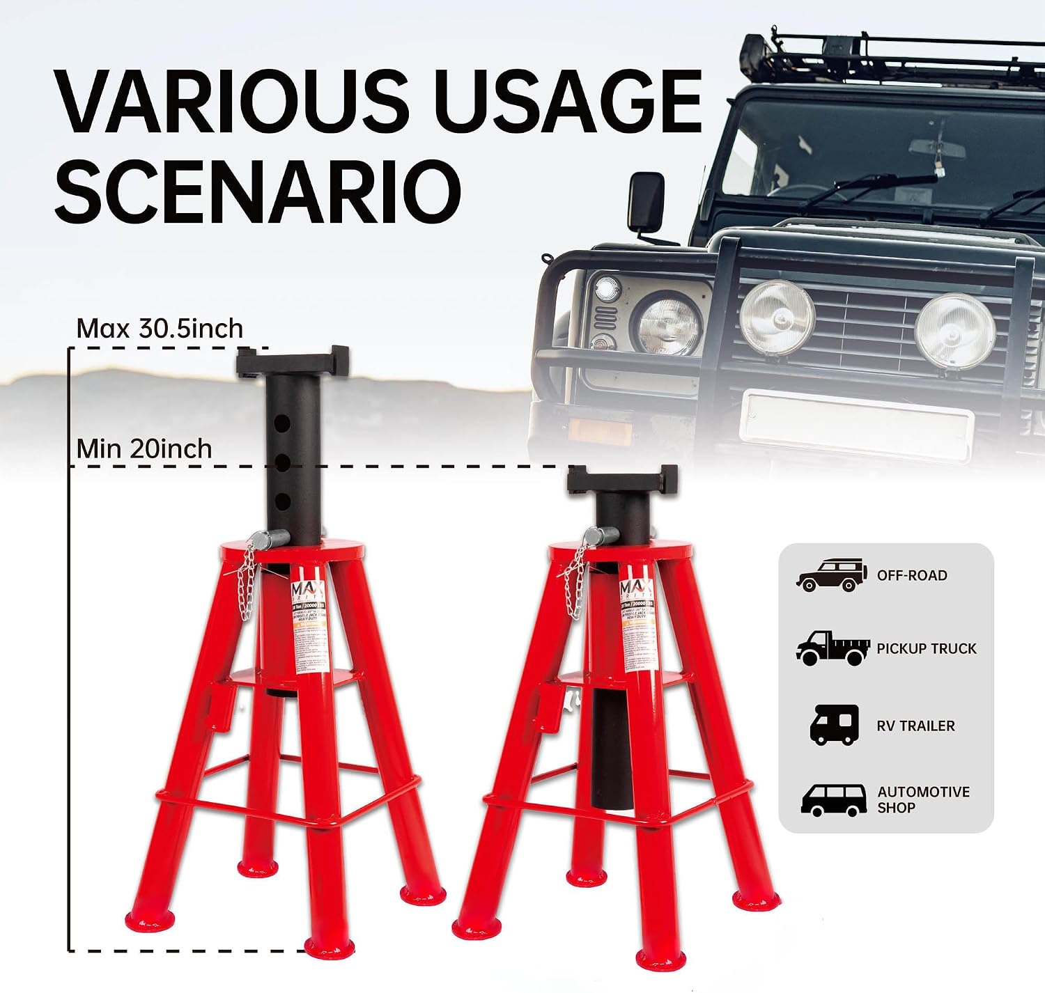 Maxority 10 Ton (20,000 lbs) Capacity Heavy-Duty Medium Profile Pin Type Adjustable Jack Stand for Trucks & Equipment, 1 Pair