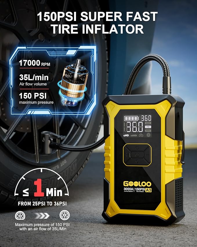 GOOLOO A3 Jump Starter with Air Compressor, 3000A Portable Car Battery Jumper