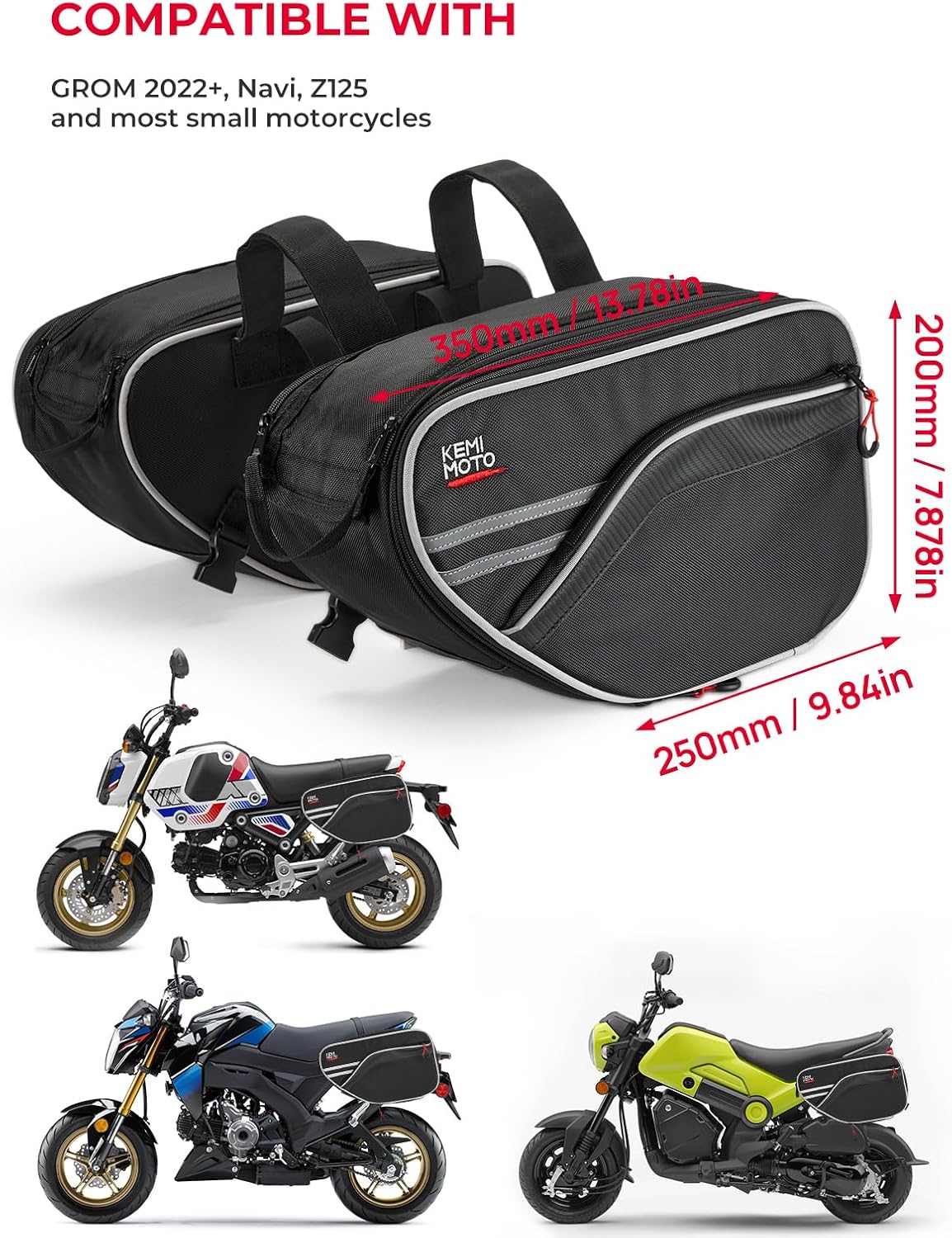 KEMIMOTO Expandable Motorcycle Saddlebags Bag 24-30L (15L*2) Fit for Mini Motorcycle Scooter Sport Bike Dual Sport ADV160 Ruckus Grom Navi Z125 Ninja 400/500 GSX-R600 YZF-R6 Side Bags