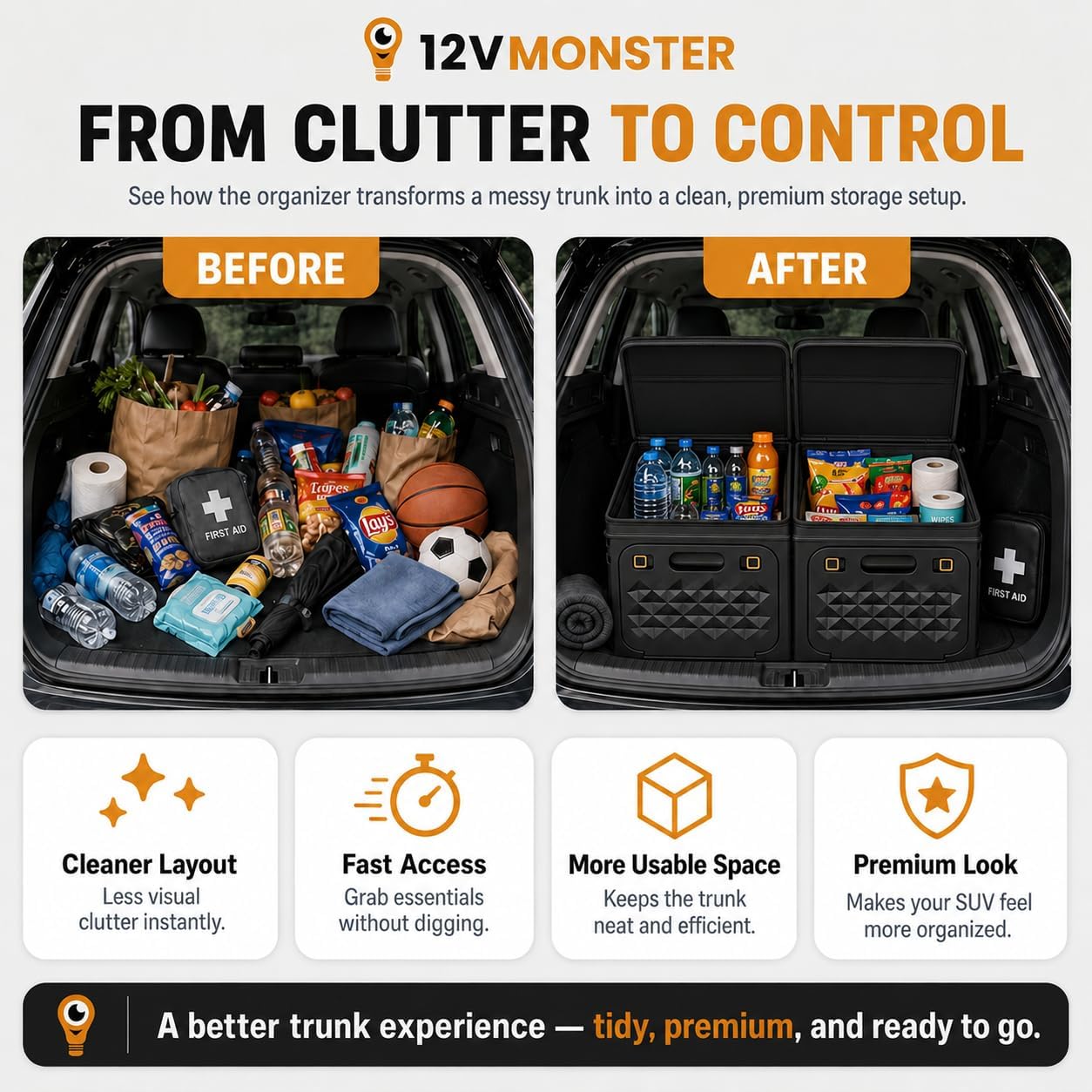 Hard Shell Trunk Organizer for SUV, Foldable Car Storage Box with 2 Compartments, Collapsible Cargo Organizer with Lid & Side Handles for Road Trips, Shoes, Groceries, Sports Gear, Garage Storage