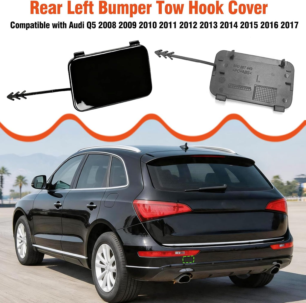Yumzeco 1PC Compatible with Audi Q5 Rear Tow Hook Cover 2008 2009 2010 2011 2012 2013 2014 2015 2016 2017, Driver Side Audi Q5 Rear Bumper Trailer Cover Replace for 8R0807449/8R0807450 - Left, Black