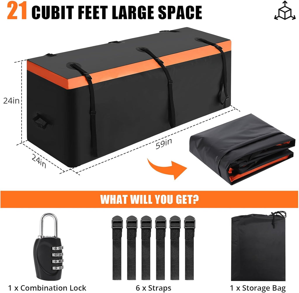 GarveeTech Hitch Cargo Carrier Bag 21 Cu Ft, Heavy Duty Waterproof Cargo Traveling Bag for Car Truck SUV Vans' Hitch Trays and Hitch Baskets, 8 Reinforced Straps, Waterproof Zip