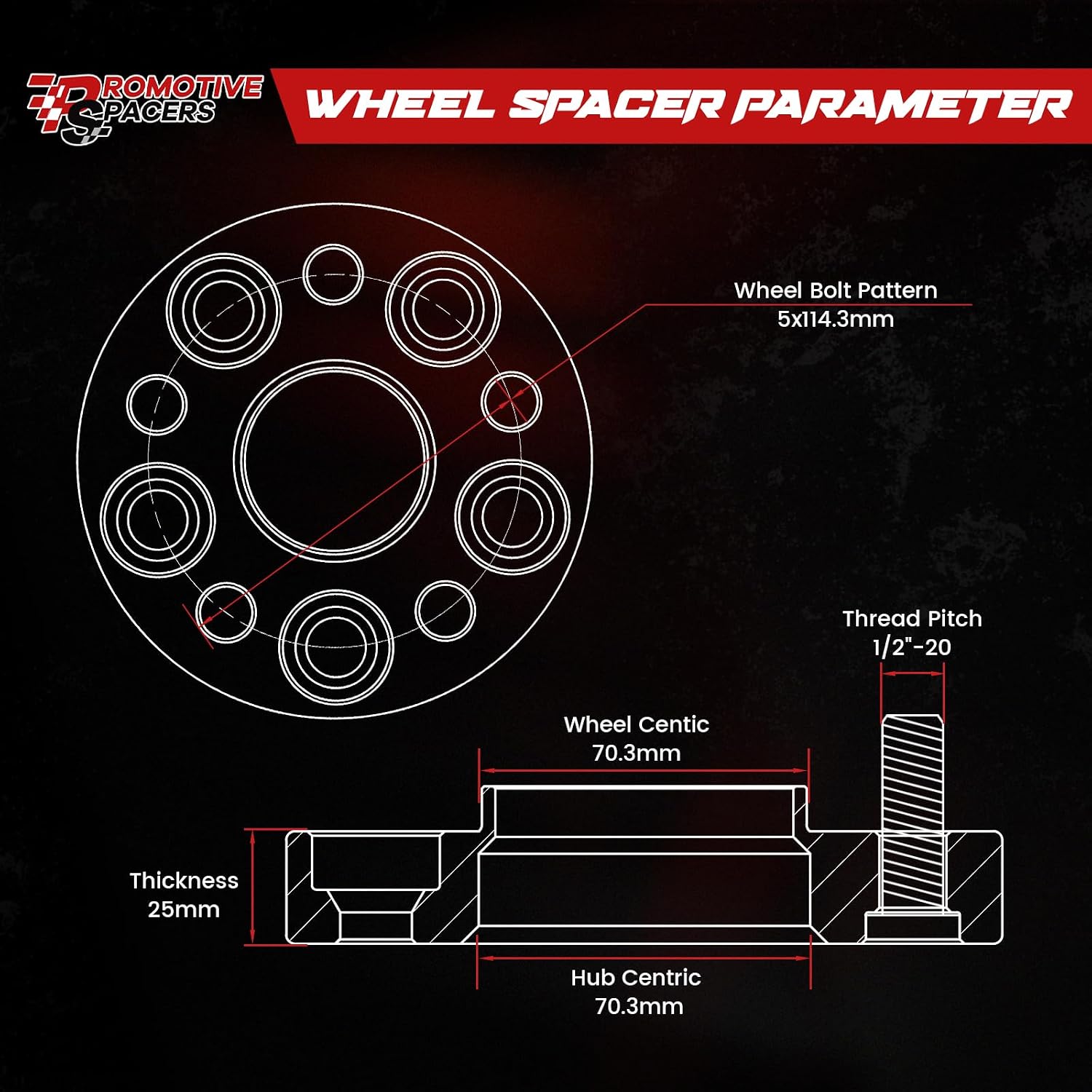 25mm (1") Hubcentric 5x114.3 Wheel Spacers 70.3mm CB 1/2"-20 Threads 2PCS | Forged 6061-T6,10.9 Grade Studs,Anodized Finish,For Ford Explorer Mustang Edge Ranger Crown Victoria,For Aviator Town Car
