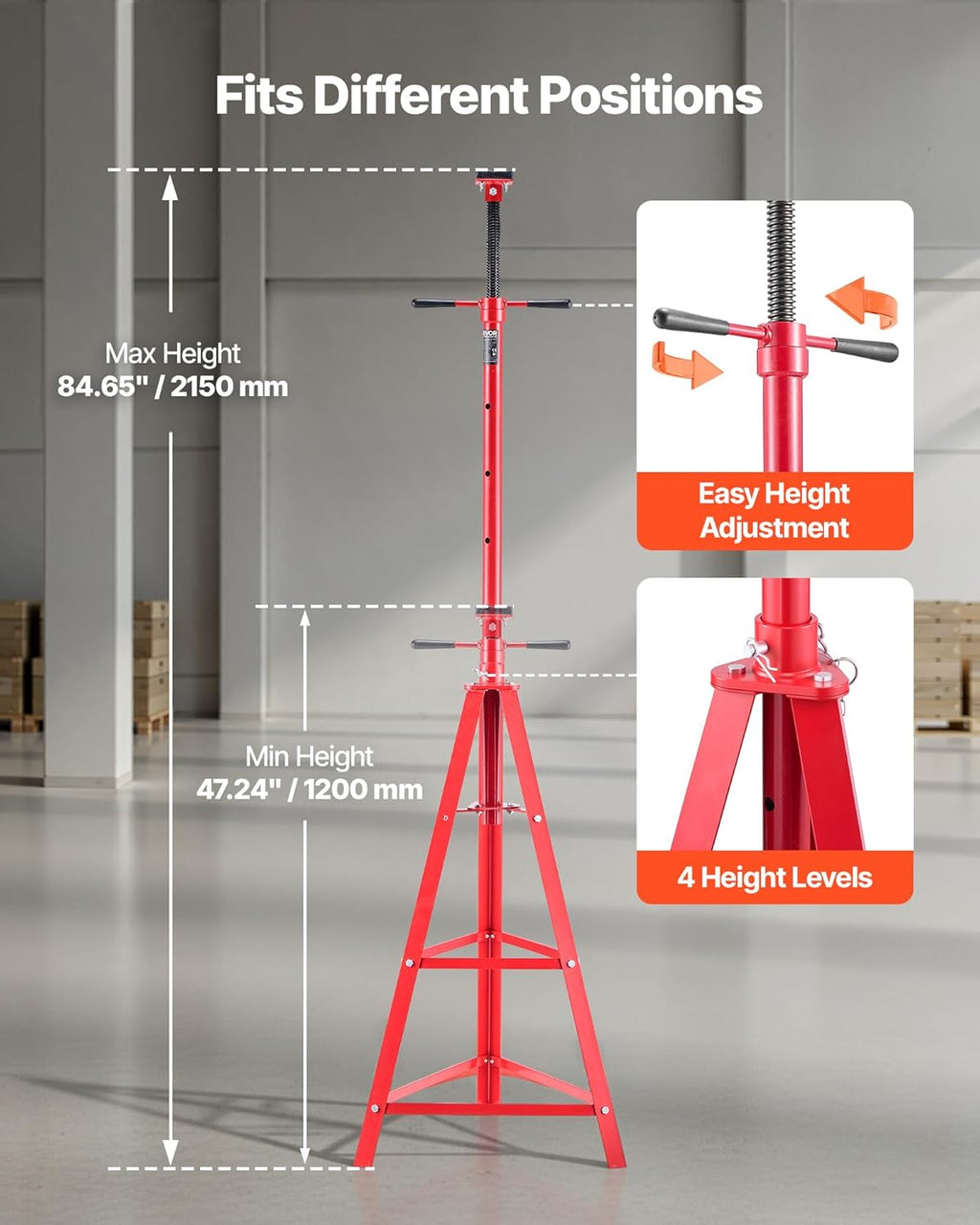 VEVOR Under Hoist Tripod Stand, 2 Ton (4409 lbs) Capacity High Lift Jack Stand Reach Underhoist Support, Lifting from 47.24" to 84.65", 4-Level Adjustable Height, Heavy Duty Carbon Steel for Car Lift
