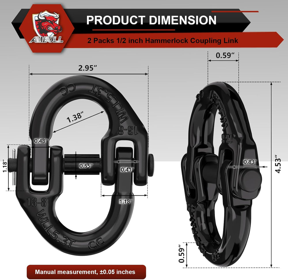 2 Pack 1/2" Safety Chain Connector Link, G80 Tow Hitch Hammerlock Coupli...