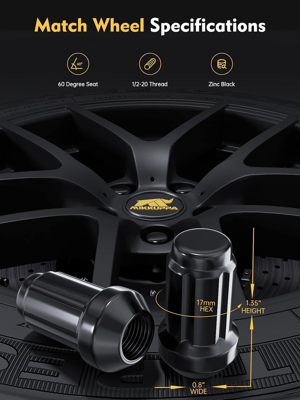 MIKKUPPA 23pcs 1/2"-20 Lug Nuts Replacement for 1987-2018 Jeep Wrangler JK, 2002-2012 Liberty, 1993-2010 Grand Cherokee Aftermarket Wheel - Black Closed End Tire Lug Nuts with Socket Key