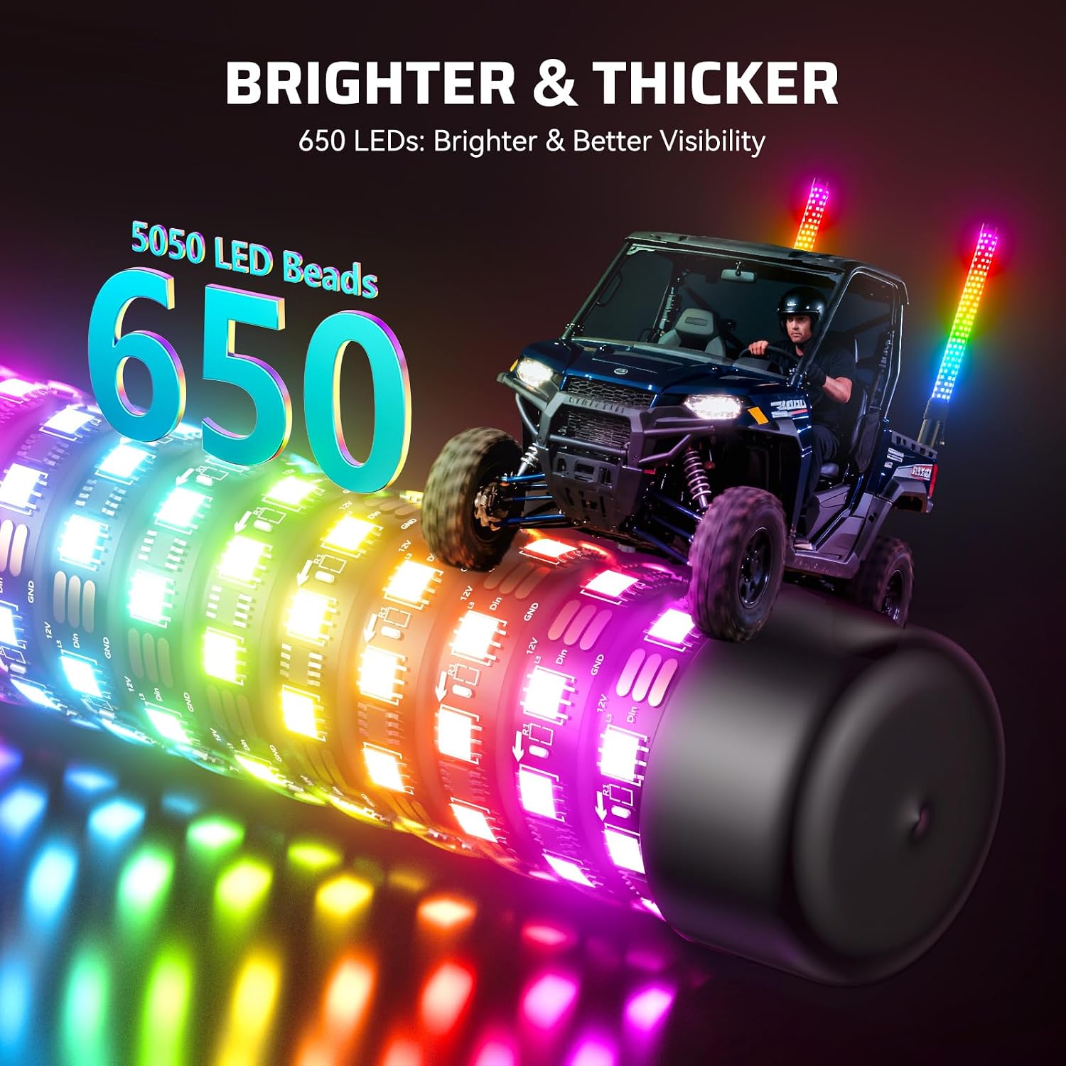 Ehaho 2PCS 2FT Fat Whip Lights for UTV ATV, Led Fatty Whip Light W/Rocker Switch & 6 Flags, Brighter Spiral Chasing Lighted Antenna Whip with APP & Remote Control for RZR SXS Can-Am X3 Off-Road