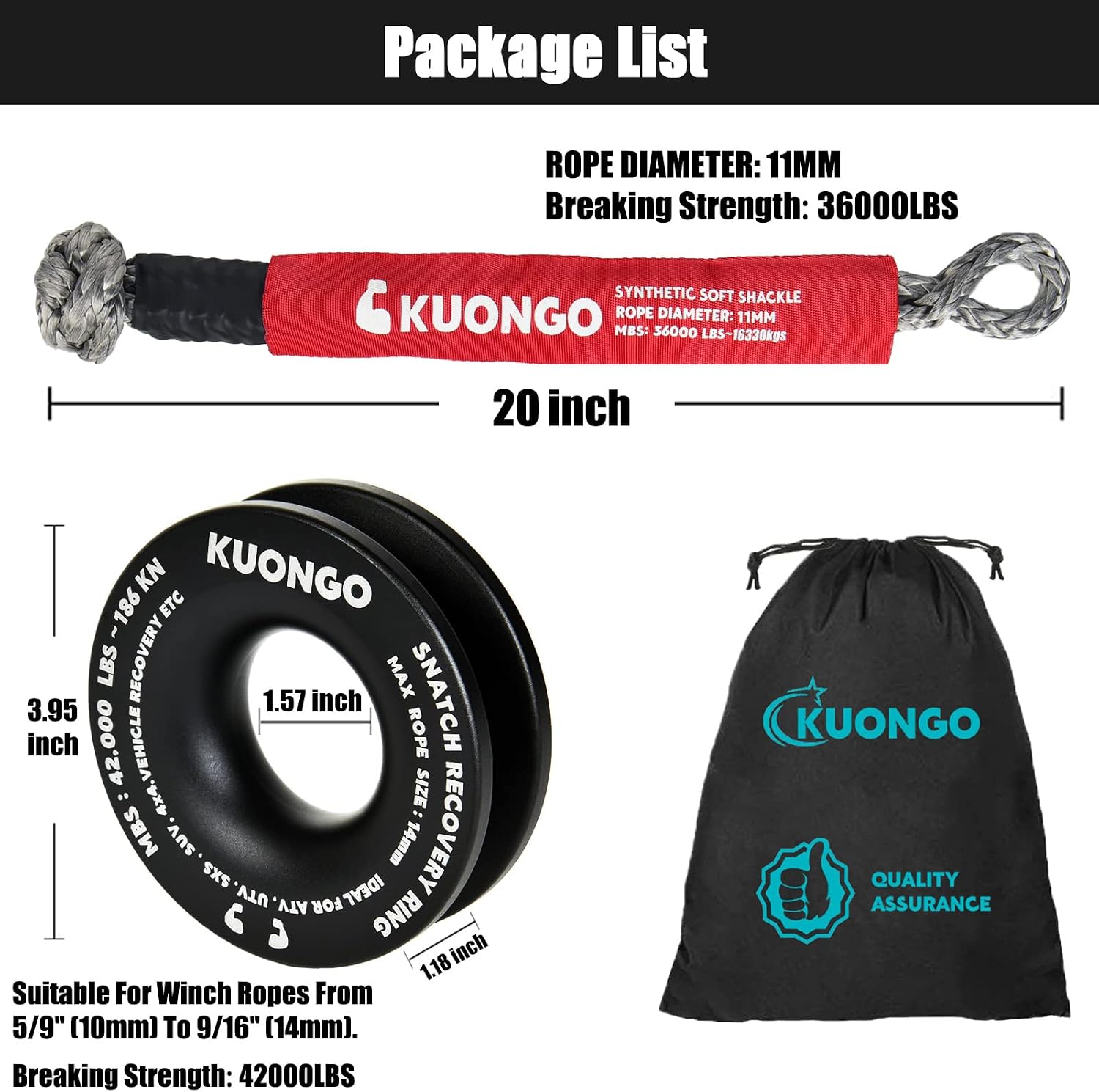 Soft Shackle Recovery 7/16"x20" Snatch Ring, Synthetic Soft Shackle Rope 36000lbs Breaking Strength Winch Snatch Block Ring 42000lbs, for Truck ATV UTV SUVs Off-Road Vehicel （2 Red Shackle and Ring）