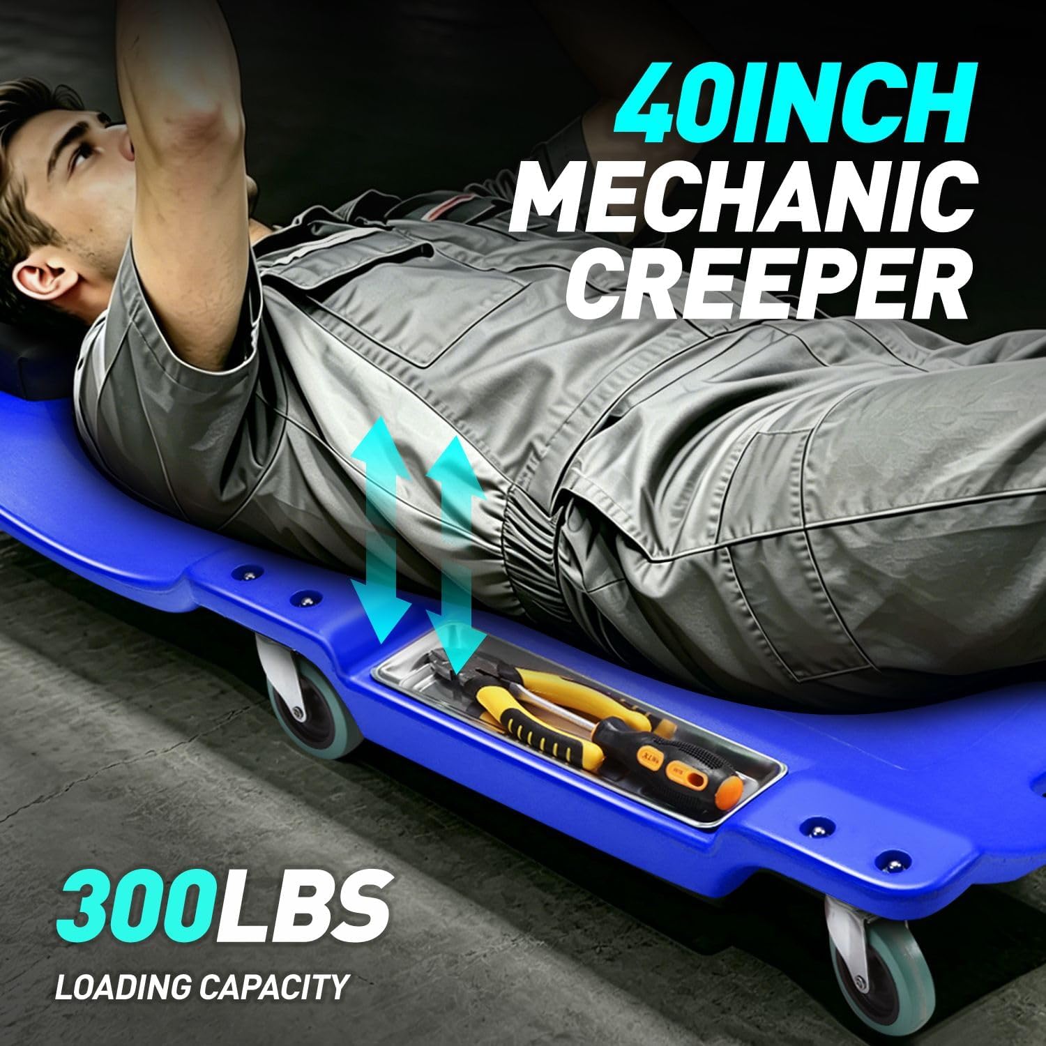 DNA Motoring 40 Inch Low Profile Plastic Rolling Garage Shop Floor Creeper with LED Light, Padded Headrest, Dual Tool Trays, Casters, Blue, TOOLS-00389-BL