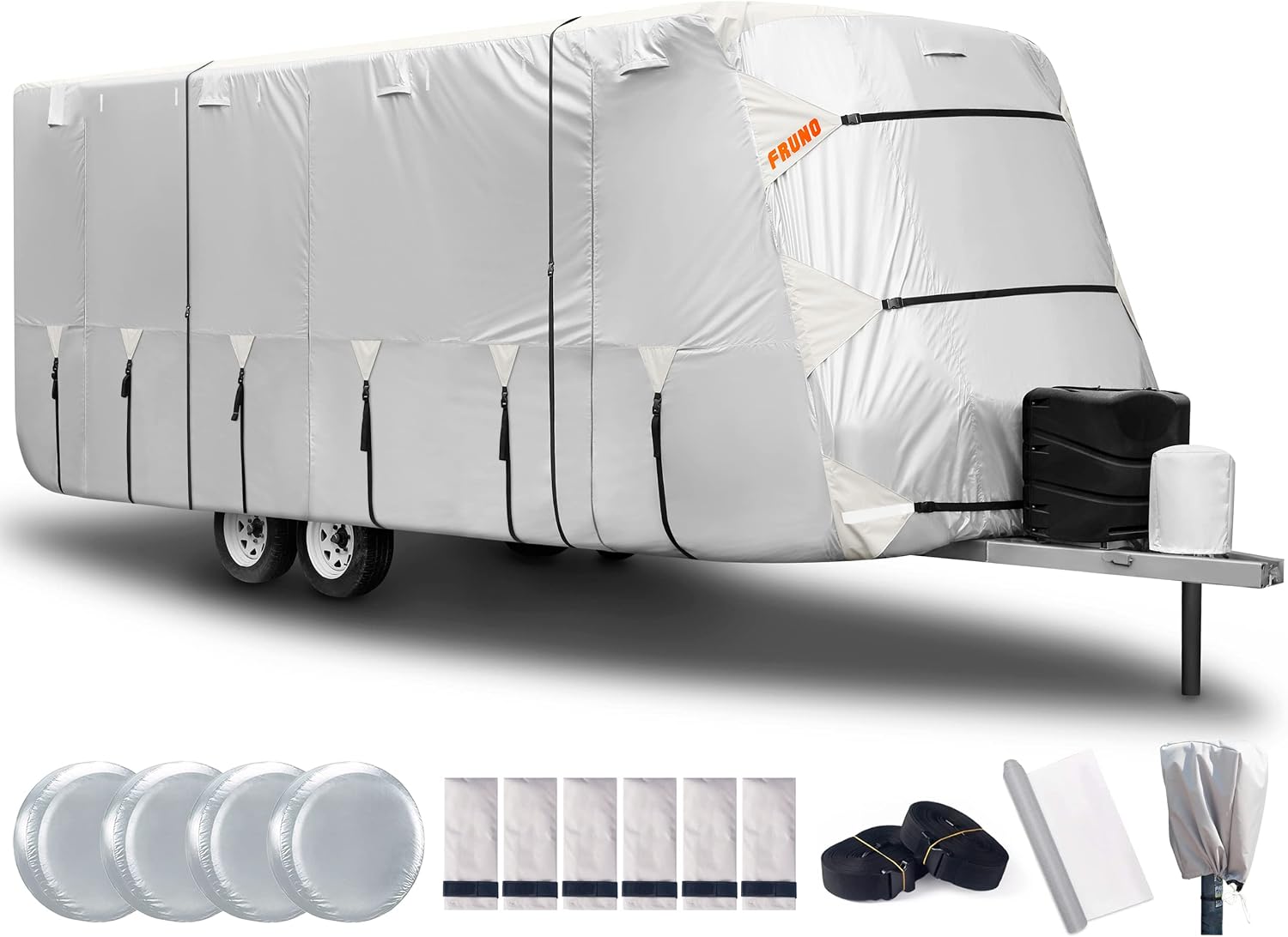 FRUNO Oxford Fabric Travel Trailer Cover RV Cover 27'-30' Waterproof Rip-Resistant Anti-UV Camper Cover for Winter Snow with Jack Cover 4 Tire Covers and Gutter Covers
