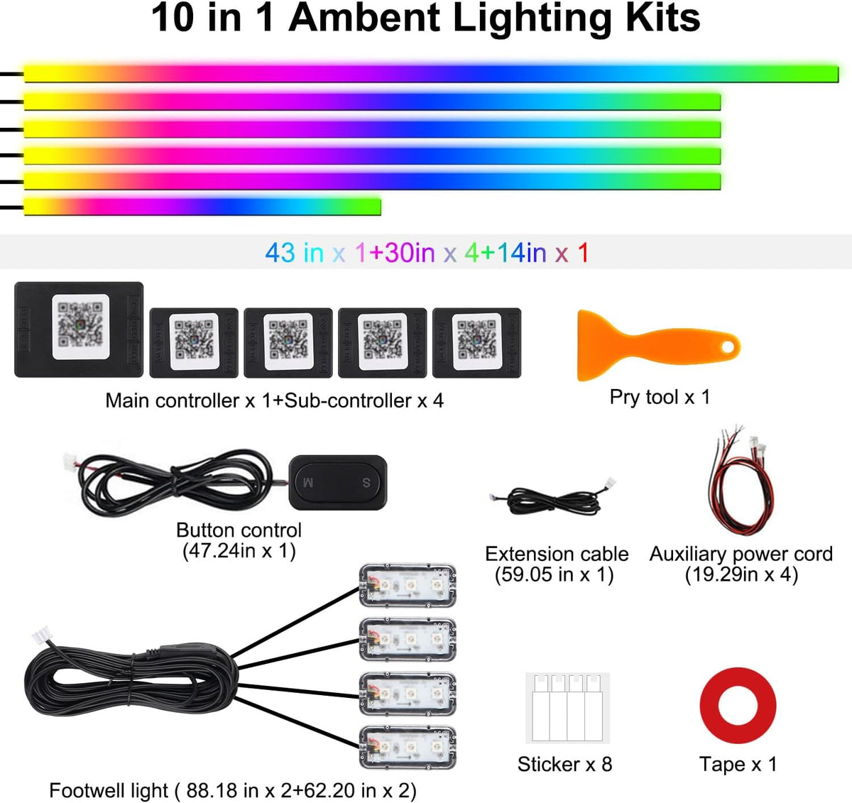 dreamcolor acrylic interior car led strip lights, 10, package contents