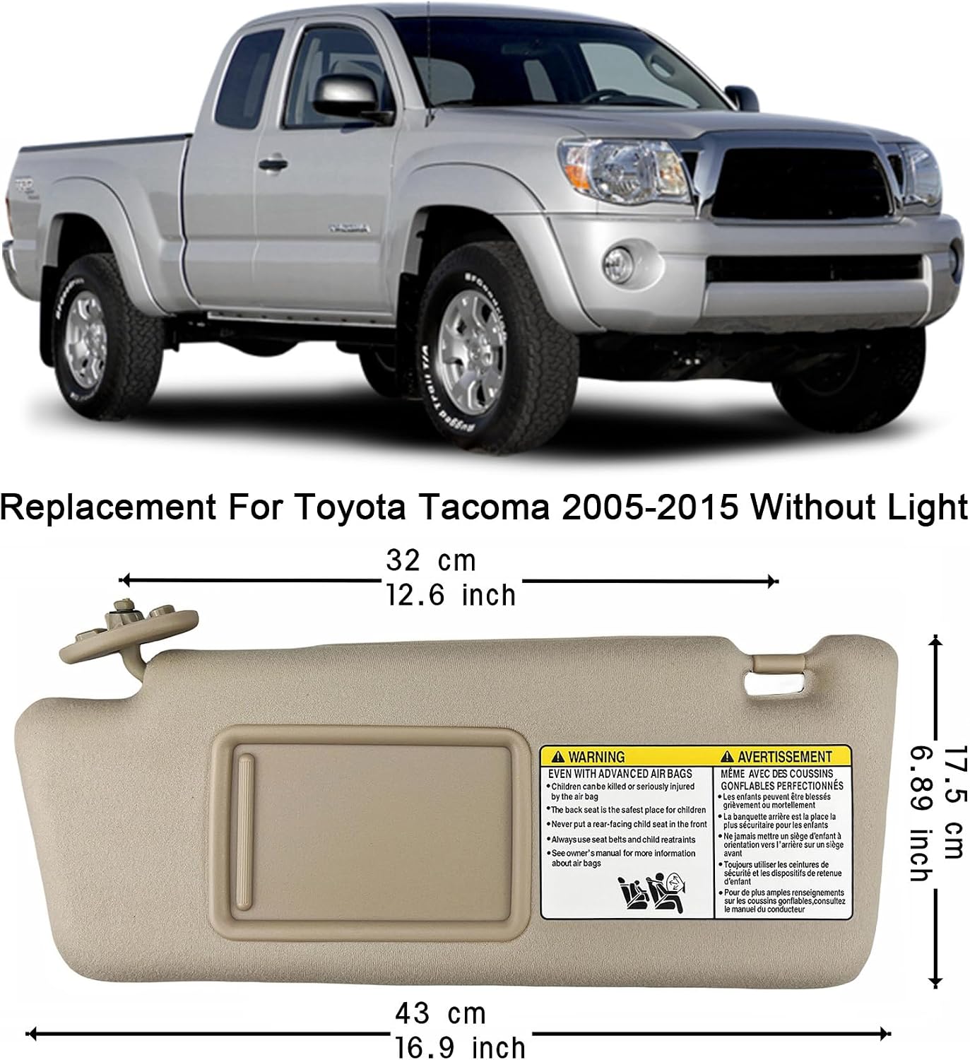 Left Driver Side Sun Visor Compatible with 2005-2015 Toyota Tacoma, (Beige Color) Sunvisor Replacement with Clip, Screws and Manual Slide Extension & Mirror, Non-Illuminated, Replaces 74320-04181-B1