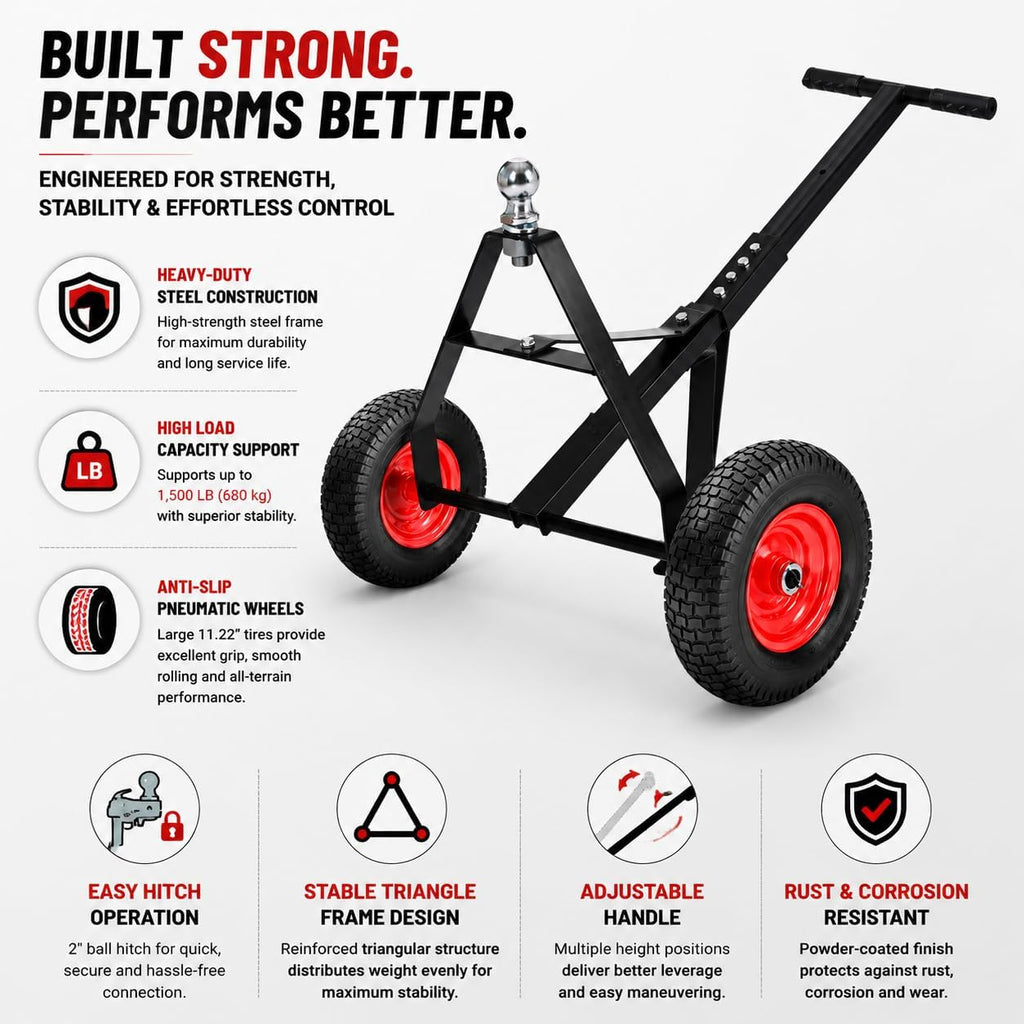 Trailer Dolly, Heavy-Duty Steel Trailer Mover Dolly with 2 Inch Ball and 600 lbs Capacity Handle for Easy Maneuvering of Boat, for Moving Car RV Boat Trailer, Great for Camping