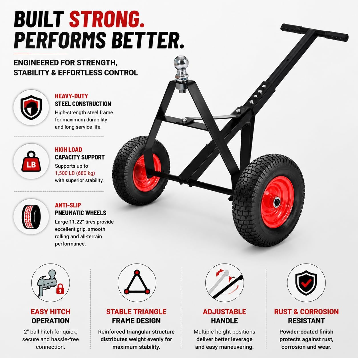 Trailer Dolly, Heavy-Duty Steel Trailer Mover Dolly with 2 Inch Ball and 600 lbs Capacity Handle for Easy Maneuvering of Boat, for Moving Car RV Boat Trailer, Great for Camping