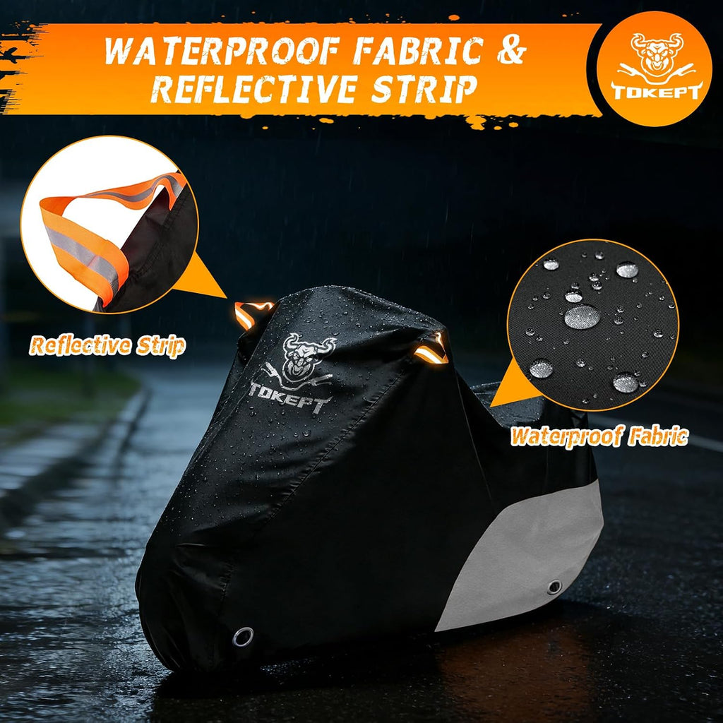 Motorcycle Cover Waterproof All Season Outdoor Protection, Fits up to 116 Inch, Compatible with Cruisers & Touring Models, with Locking Holes & Reflective Strips (Black&Silver)