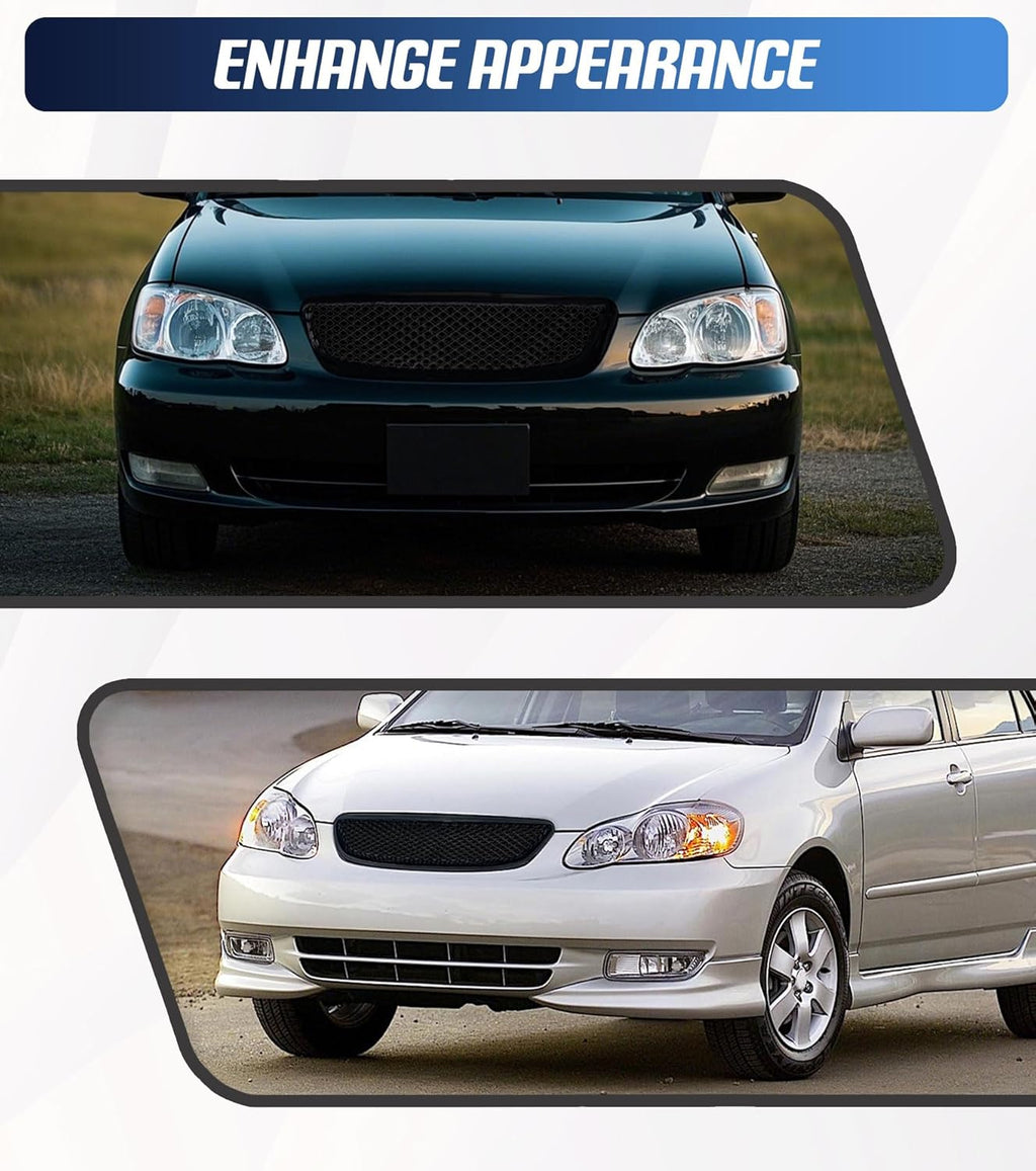 Front Grille Compatible with 2003-2008 Toyota Corolla CE LE S XRS Hood Mesh Grille ABS Plastic Glossy Black