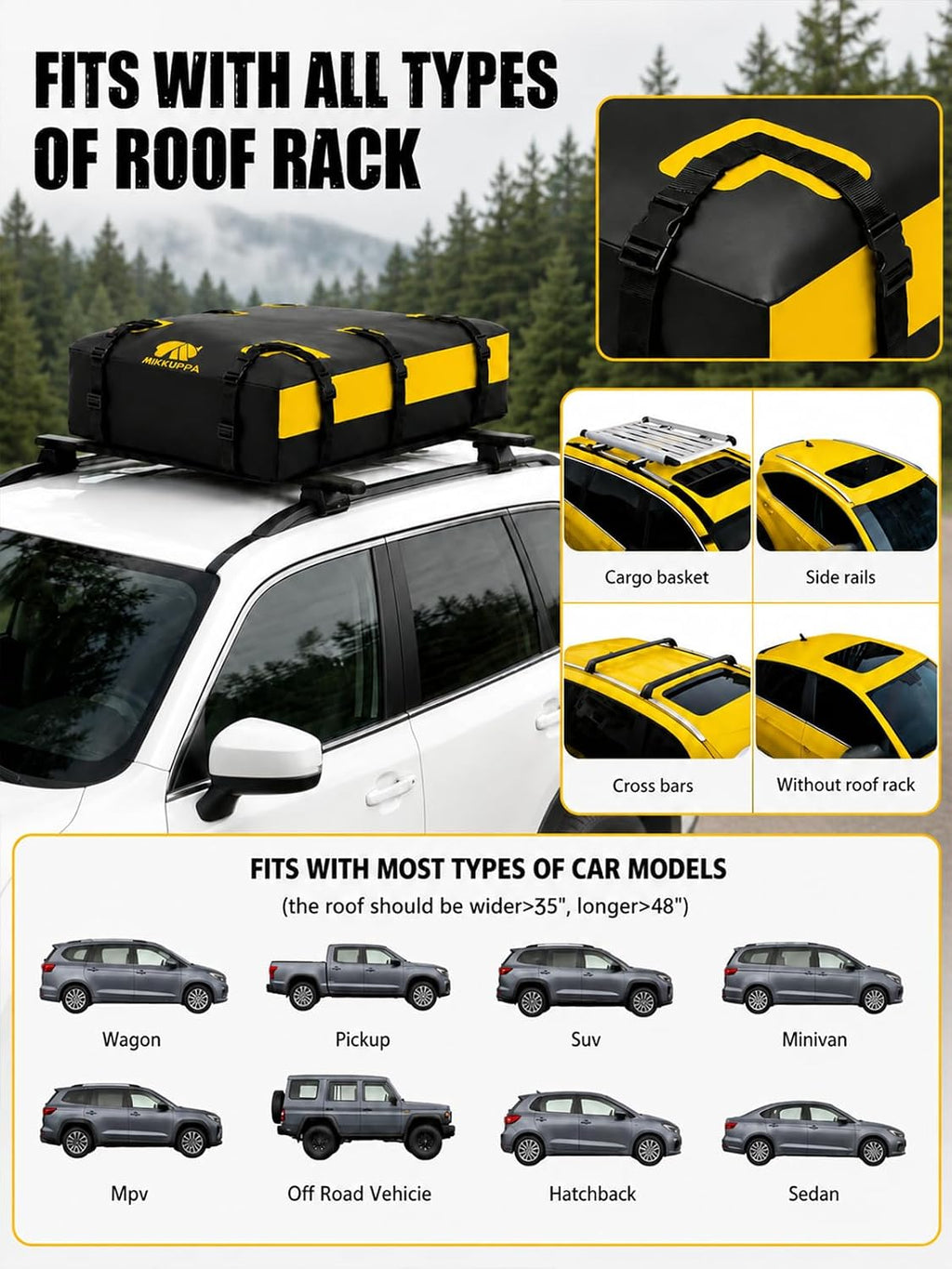 MIKKUPPA Roof Rack Basket with Waterproof Cargo Bag - Rooftop Carrier Combo | 150 Lbs Capacity Roof Rack Basket & 17 Cubic Feet Waterproof Luggage Bag, for SUVs, Trucks, Cars