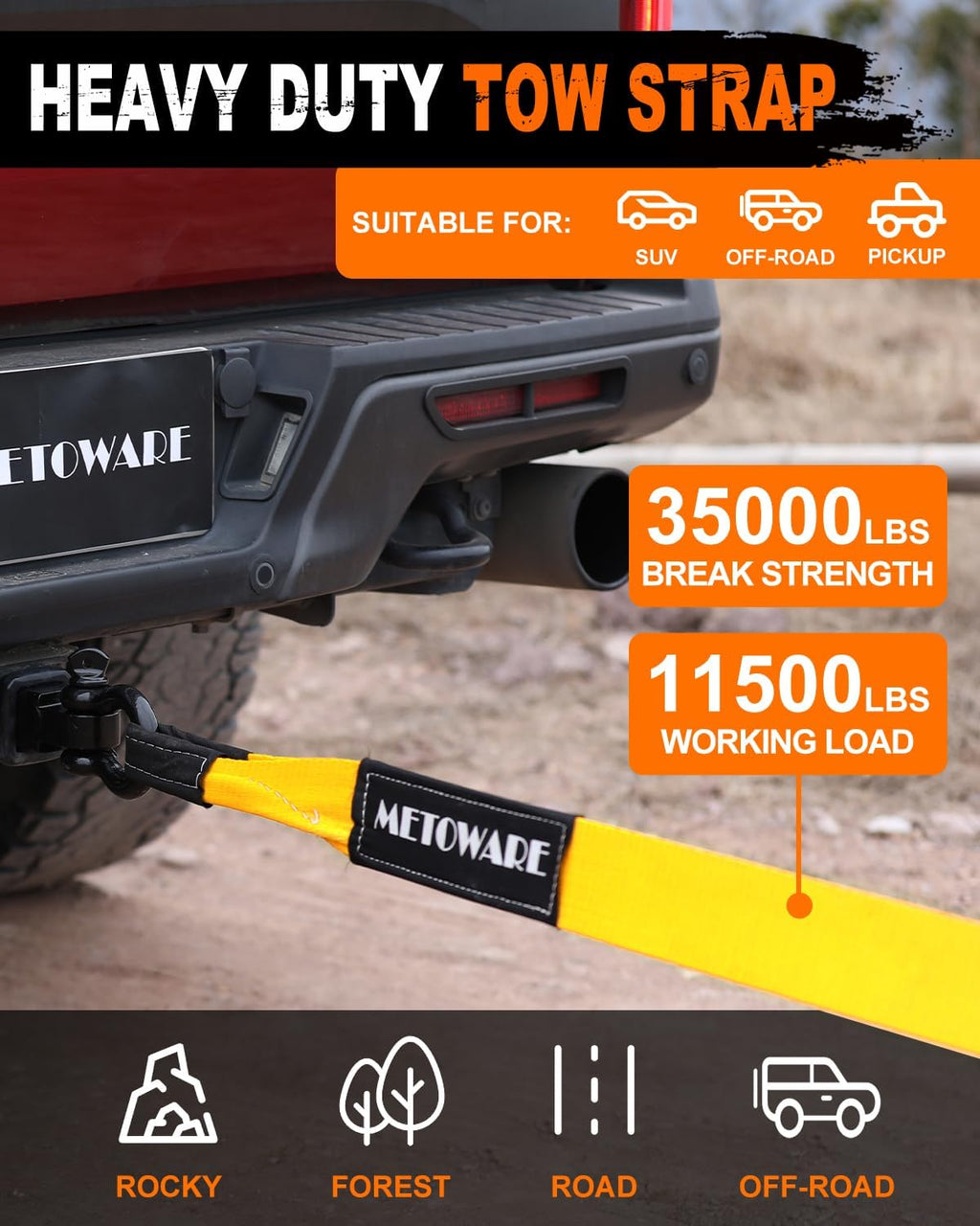 METOWARE Heavy Duty Tow Strap Recovery Kit - 3" x 20ft(35,000lbs) Tree Saver Winch Strap + 3/4" D Ring Shackles(2pcs) + Storage Bag - Truck, SUV, ATV Off Road Towing Strap Kit
