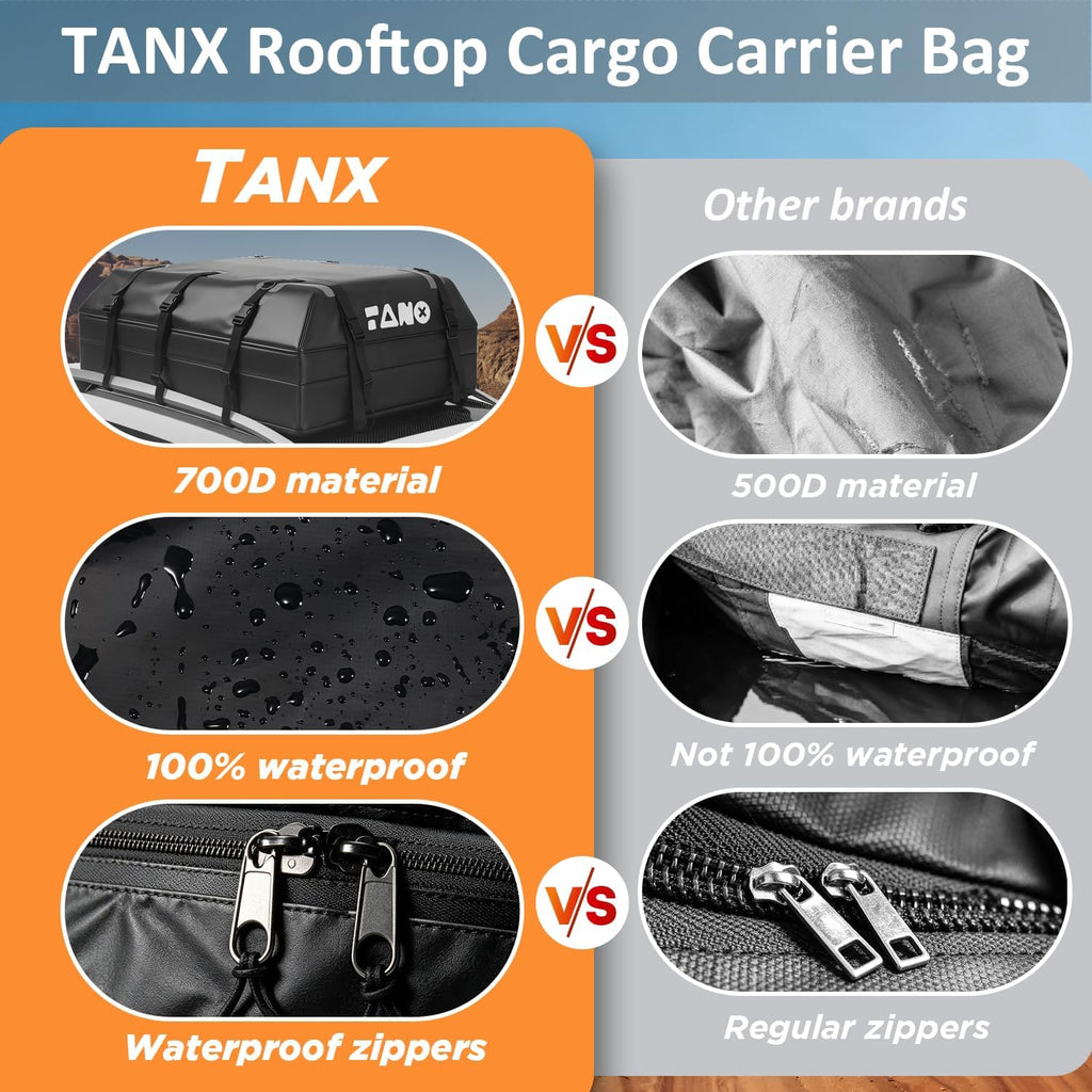 TANX Car Roof Bag - 21 Cubic Feet Rooftop Cargo Carrier, 100% Waterproof for All Cars with/Without Roof Rack, Includes Anti-Slip Mat, 12 Reinforced Straps, 6 Door Hooks, Luggage Lock & Storage Bag