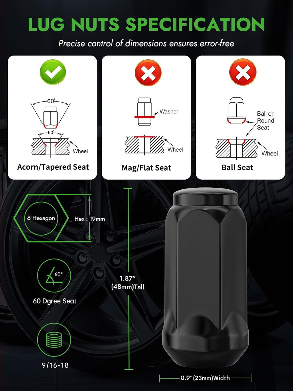 AUTOPTIM 9/16-18 Lug Nuts - Replacement for 2002-2010 ram 1500, 1994-2010 Ram 2500/3500, 1984-1997 F250/F350, Aftermarket Wheel 32PCS Black Closed End Lug Nuts