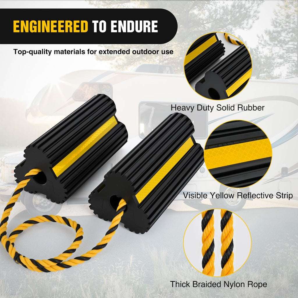 Nilight Wheel Chocks RV Car Heavy Duty Rubber Tire Chock Blocks Stopper Yellow Reflective Strips Stabilizer 4 Pack with Rope for RVs Cars Travel Trailers Campers Trucks Motorcycle Accessories Parking