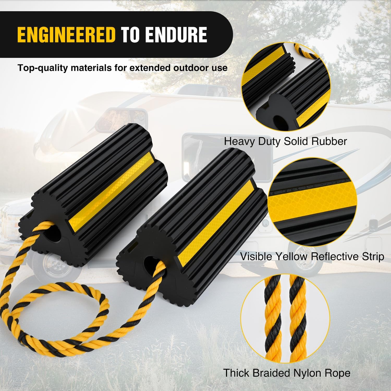 Nilight Wheel Chocks RV Car Heavy Duty Rubber Tire Chock Blocks Stopper Yellow Reflective Strips Stabilizer 4 Pack with Rope for RVs Cars Travel Trailers Campers Trucks Motorcycle Accessories Parking