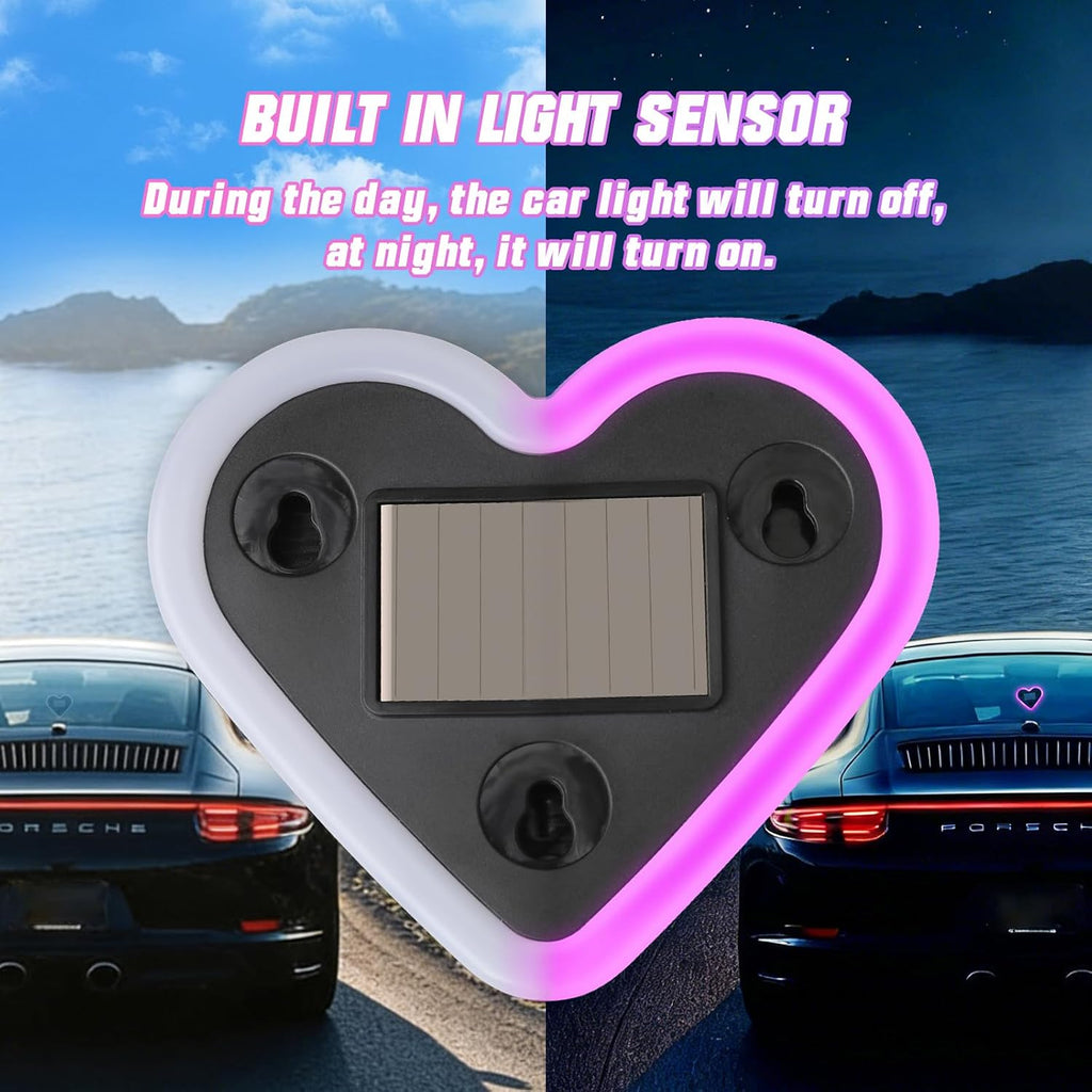 6 Lighting Modes Solar Powered Car LED Ambient Light, Rechargeable Wireless LED Heart Shape C-Pillar Neon Light, AutoGlow Solar Heart Light for Car Window Romantic Decor Surprising Gifts