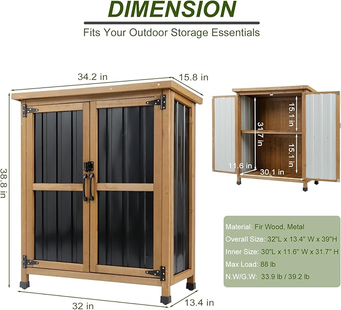 Outdoor Storage Cabinet Wood & Metal Small Storage Shed Waterproof Roof - Image 3