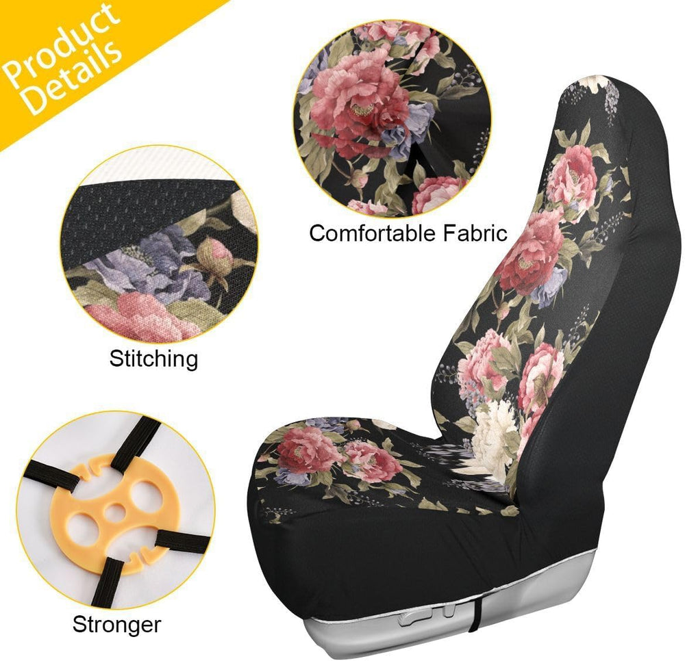 Dark Vintage Floral Flowers Print Car Seat Covers Set of 2,Seamless Floral Pa...