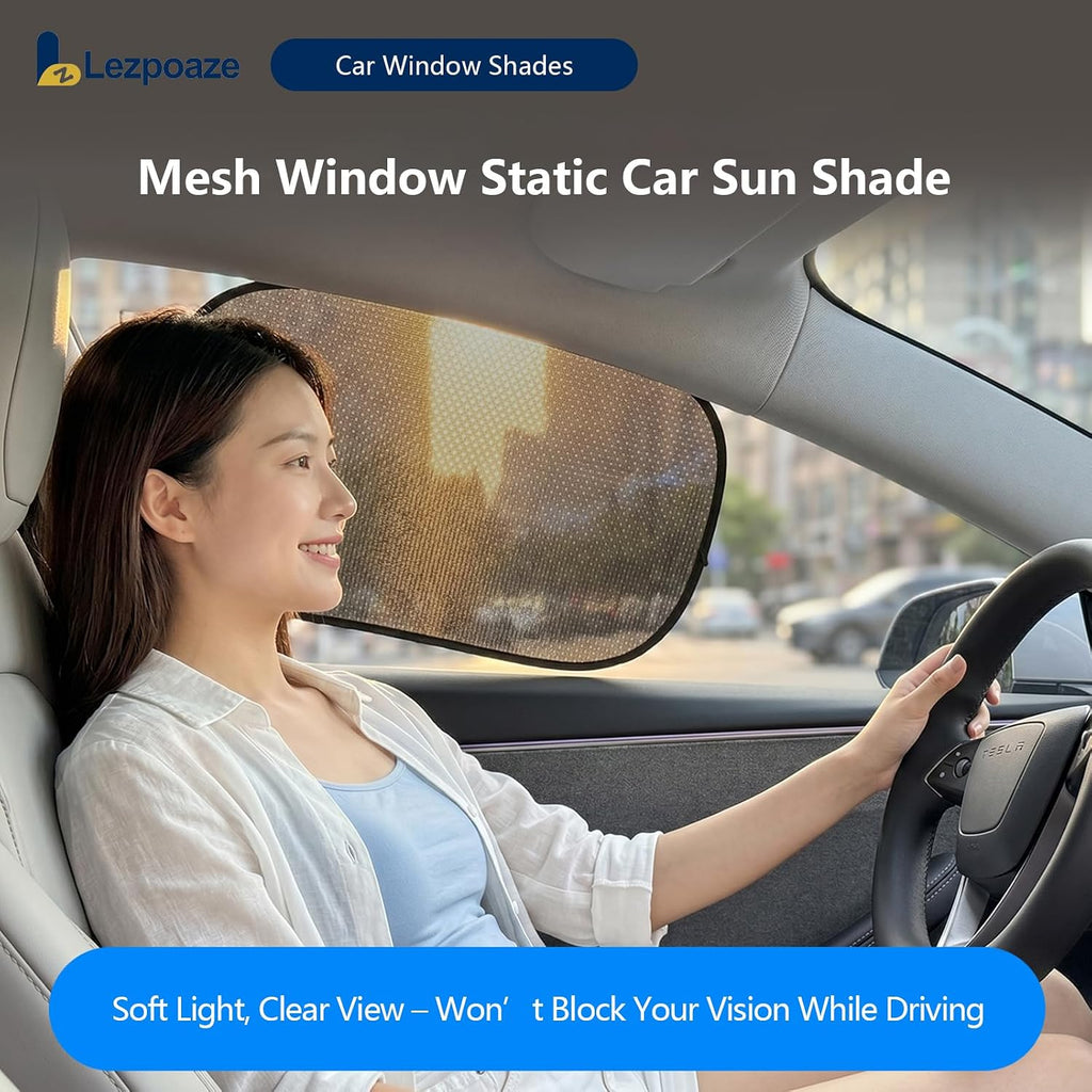 Car Window Shades (2 Pack) - Upgraded Mesh Sun Shade, Strong Static Cling - Heat Blocking, Anti-Glare & UV Protection - Foldable Memory Frame, Won't Block View - Universal Fit 99% Cars