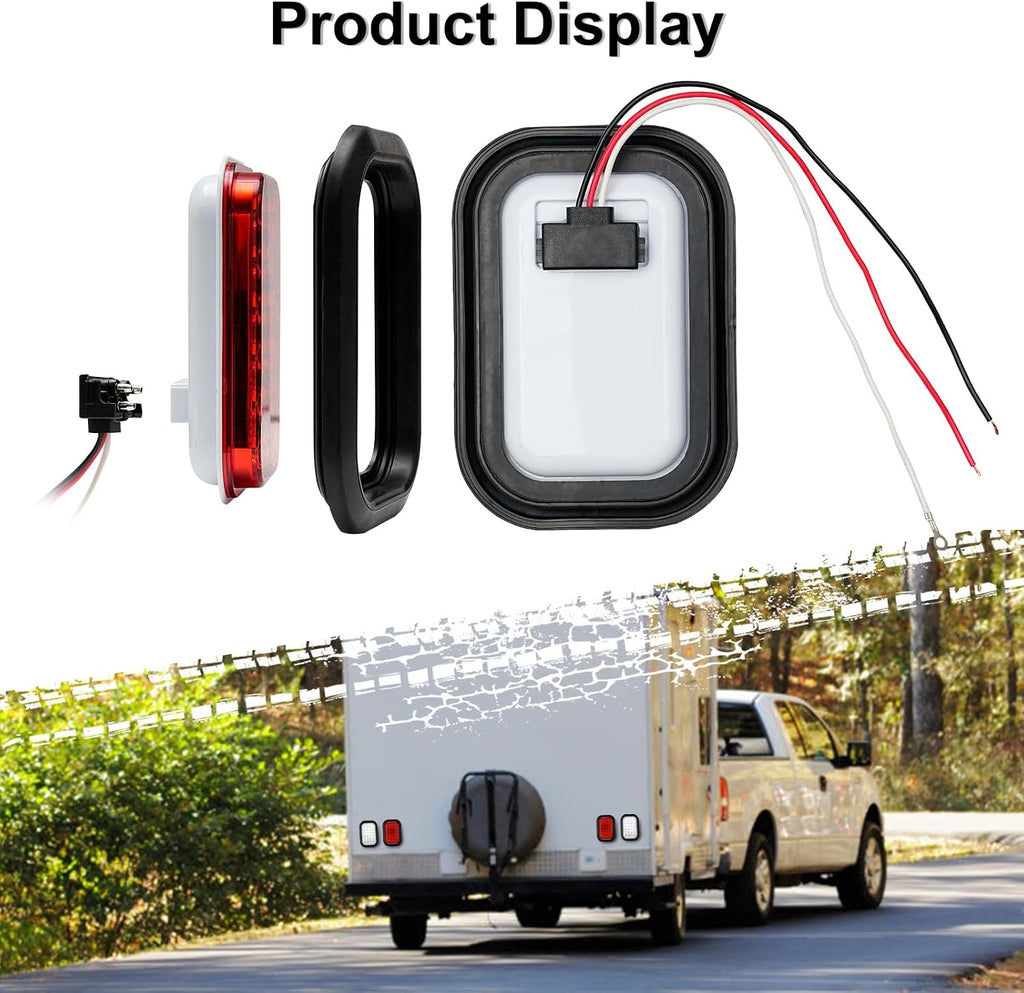 6PCS 5x3 Inch 24 LED 4 Red Stop/Turn/Tail/Lights 2 White Backup Reverse Lights Rectangle Truck Trailer Tail Lights w/Grommets & 3 Wire Pigtail Plug
