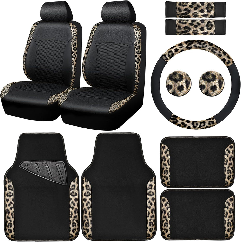 CAR PASS Leopard Print Faux Leather Car Seat Covers & Leopard Car Mats&am...