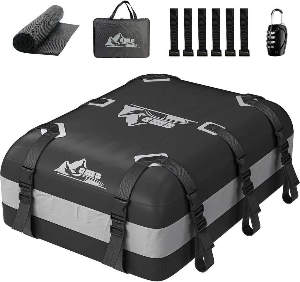 Car Rooftop Cargo Carrier Bag 20 Cubic Feet, 100% Waterproof Heavy Duty Car Roof Bag for All Vehicle with/Without Racks - Anti-Slip Mat, 6 Door Hooks, Storage Bags, 5CM Straps(Gray)