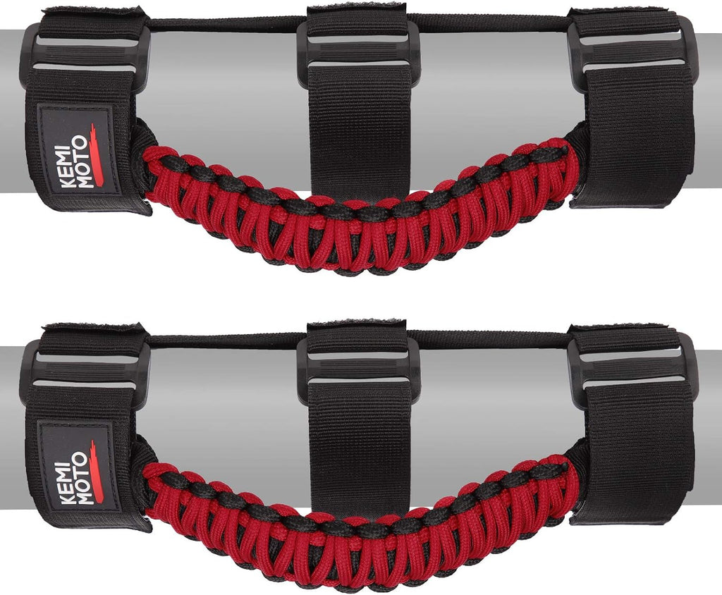 KEMIMOTO UTV Grab Handles, Triple Straps Absorb Sweat Breathable Red Paracord Hand Grip for 1.5 to 2'' Roll Bar Compatible with Polaris RZR, Mavericks, UForce, Talon Pioneer, Mule, 2Pack