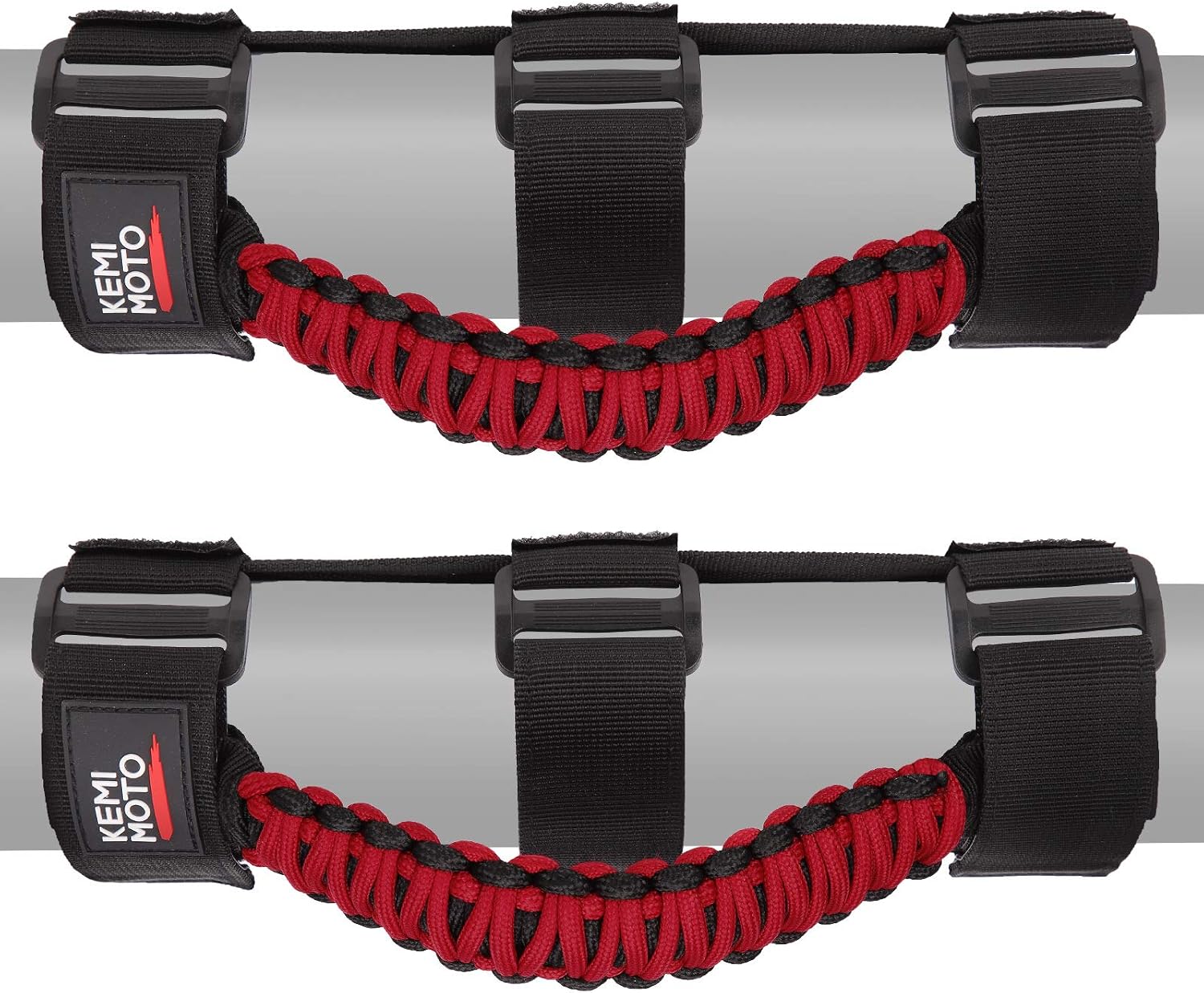 KEMIMOTO UTV Grab Handles, Triple Straps Absorb Sweat Breathable Red Paracord Hand Grip for 1.5 to 2'' Roll Bar Compatible with Polaris RZR, Mavericks, UForce, Talon Pioneer, Mule, 2Pack