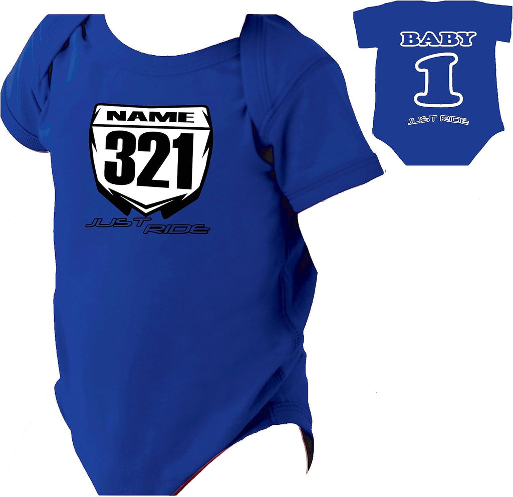 JUST RIDE Motocross Baby Number Plate One Piece Creeper Personalized YZ Blue