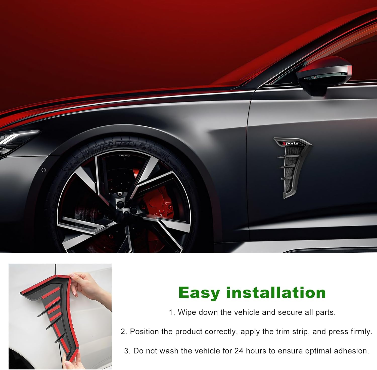 2 PCS Car Side Vent Trim, Scratch-Resistant Auto Front Fender Air Wing Vent Trim Cover, Sporty Air Flow Grille Side Marker Exterior Trims for Cars Trucks SUVs, Car Accessories (Black)